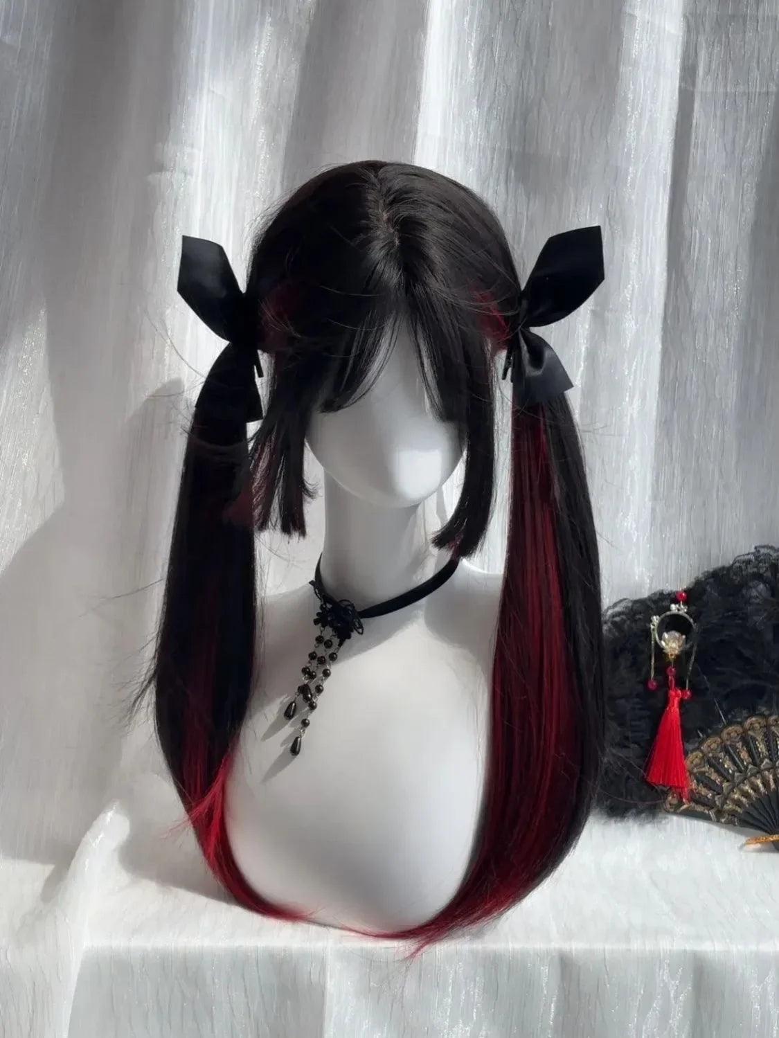 Black and red dyed sweet and cool princess cut long straight hair wig Gothic style wig women's full head caput medusae