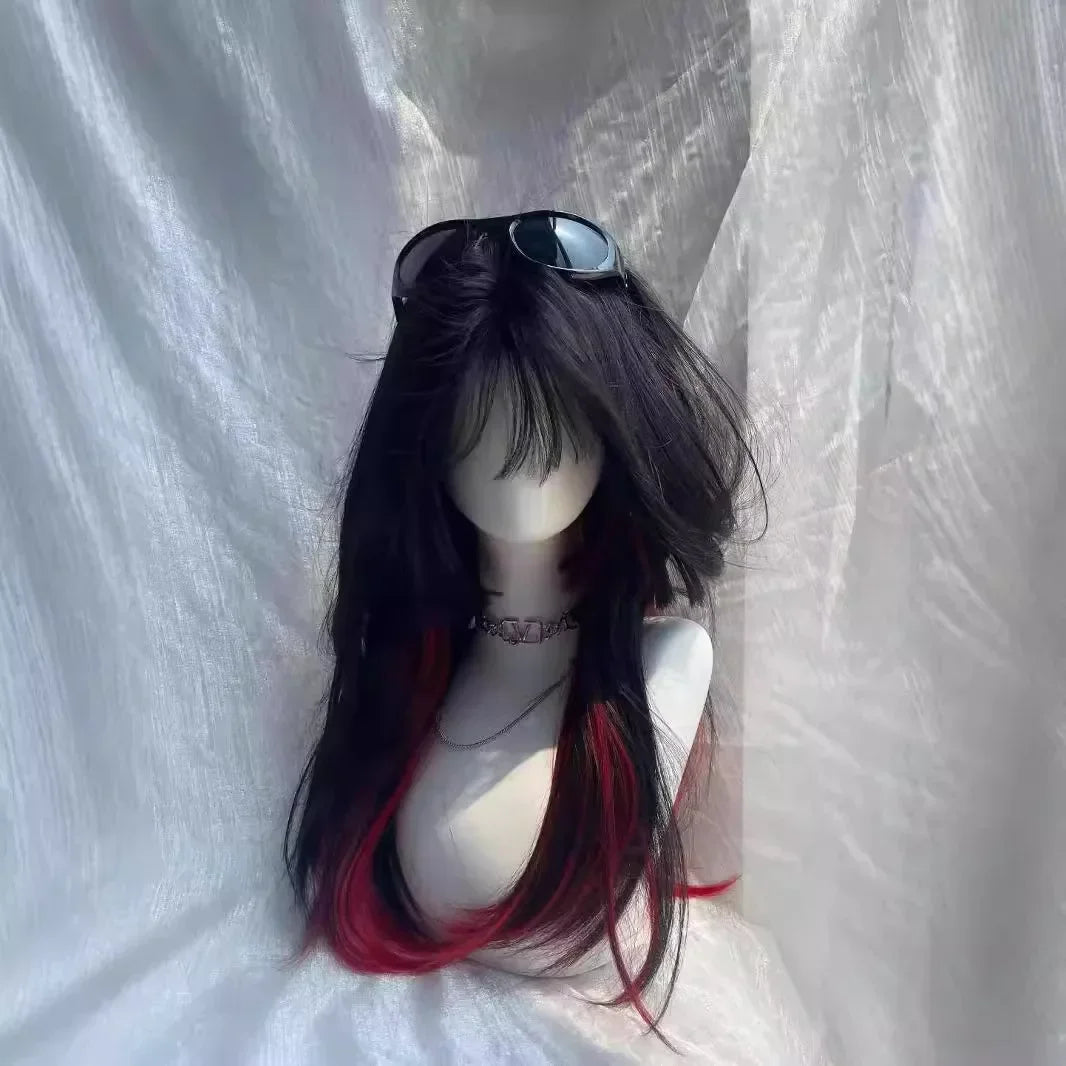 Black and red dyed sweet and cool princess cut long straight hair wig Gothic style wig women's full head caput medusae