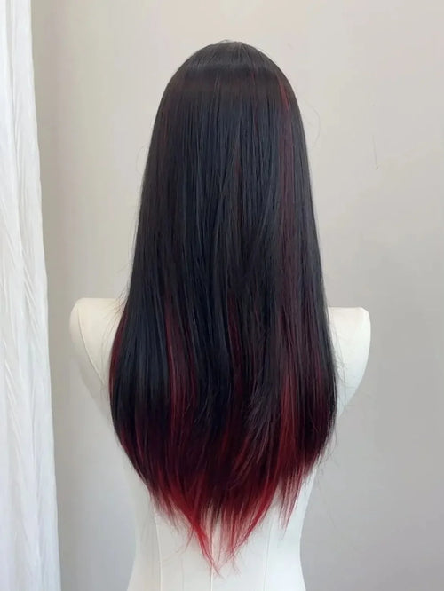 Black and red dyed sweet and cool princess cut long straight hair wig Gothic style wig women's full head caput medusae