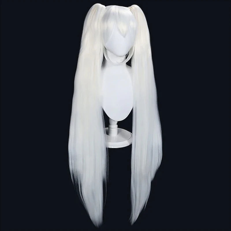 HAIRJOY White Wig with Double Ponytails Wigs for Women Long Straight Synthetic Hair Wigs for Halloween 2 Pigtail With Bangs Wig